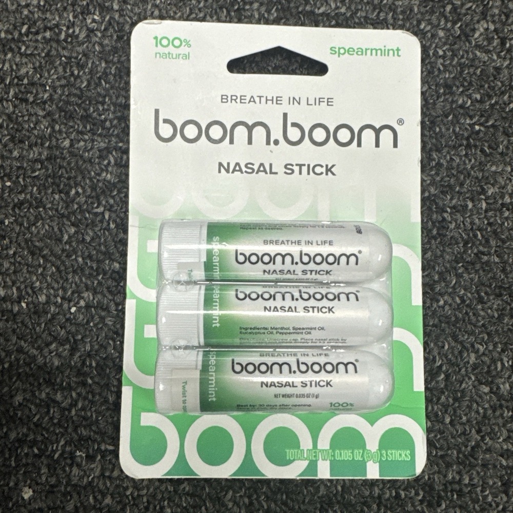 BoomBoom Nasal Stick Spearmint 3 Pack Menthol Essential Oil Inhaler Mood Boost